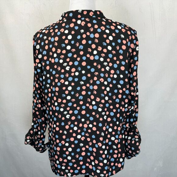 Zac & Rachel Top Sz M Black Multicolor Print Henley Roll Up Sleeves - Picture 2 of 6